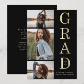 Faire-part Moderne Elegant Black Gold 3 Photo Graduation (Devant / Derrière)