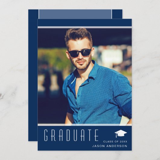 Faire-part Moderne Élégant Diplômé élégant Photo Bleu (Devant / Derrière)
