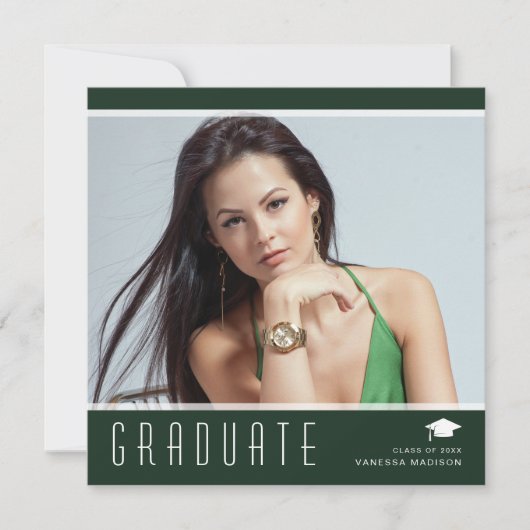 Faire-part Moderne Élégant Diplômé Élégant Photo Vert Blanc (Devant)