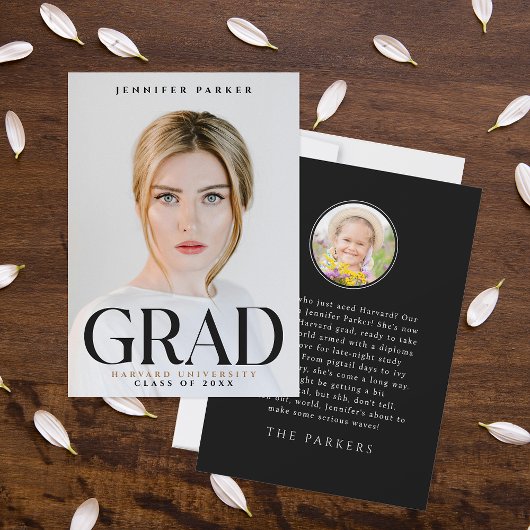 Faire-part Moderne Élégant Diplômé Photo Portrait Nom Noir