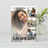 Faire-part Moderne Elégant noir blanc Quatre Photo Graduation (Debout devant)