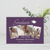 Faire-part Moderne | Elégant Purple 3 Photo Graduation (Debout devant)