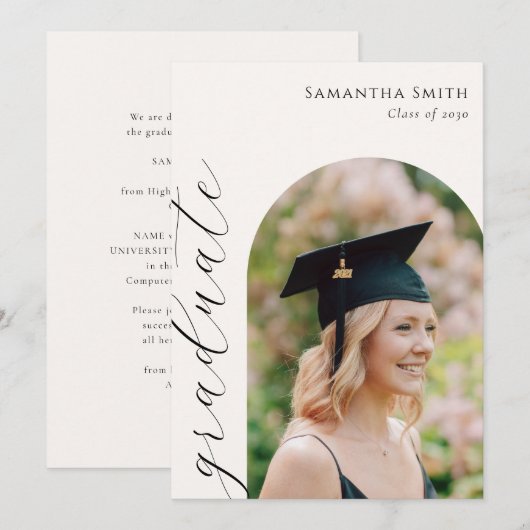 Faire-part Moderne Élégant Script Arch Photo Graduation (Devant / Derrière)