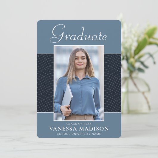 Faire-part Moderne | Élégant Script Dusty Blue 1 Photo Grad (Debout devant)