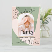 Faire-part Moderne Geo Sage Vert Dusty Rose Photo Graduation (Debout devant)
