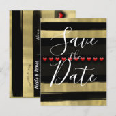 Faire-Part Moderne Glamour Noir & Or Cœurs Rouges (Devant / Derrière)