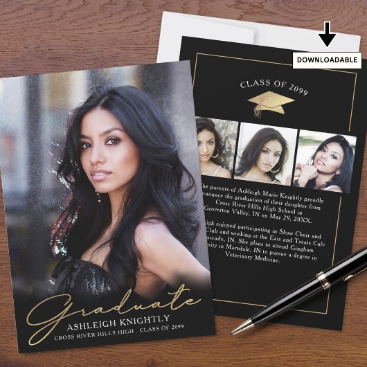 Faire-part Moderne Graduate 4 Photos Script Black Gold