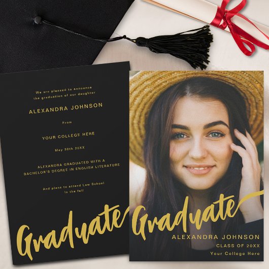 Faire-part Moderne Graduate Photo Or Script Noir