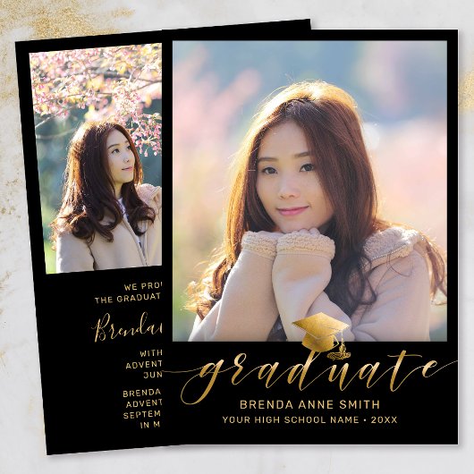 Faire-part Moderne Graduation 2 Photo Gold Script Casquette s