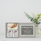 Faire-part Moderne gris turquoise fleurs photo bébé faire-par (Debout devant)