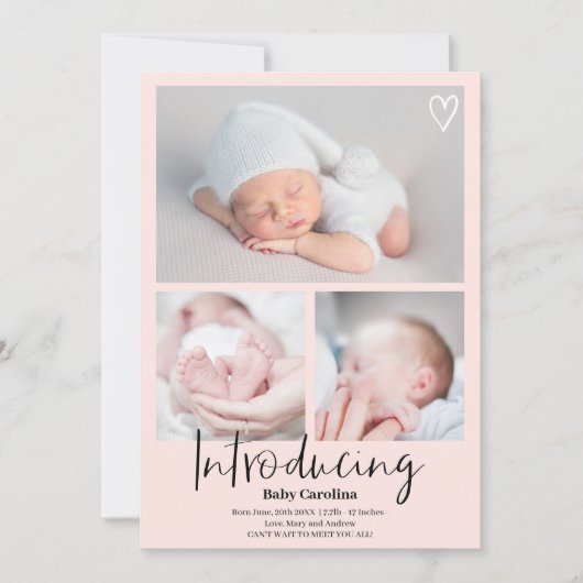 Faire-part Moderne introduction rose noir 3 photos naissance (Devant)