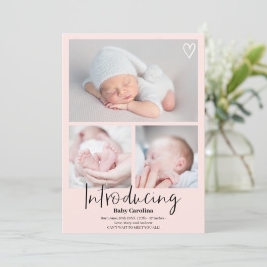 Faire-part Moderne introduction rose noir 3 photos naissance  (Debout devant)