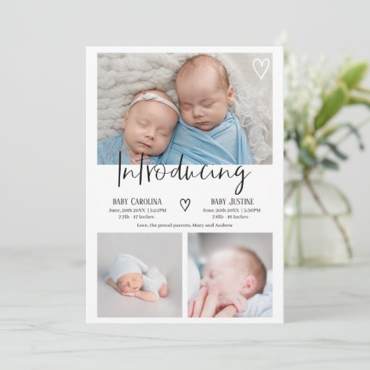 Faire-part Moderne introduction script 3 photo bébé jumeaux n (Debout devant)