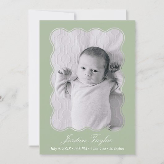 Faire-part Moderne minimal élégant Sage vert nouveau-né bébé (Devant)