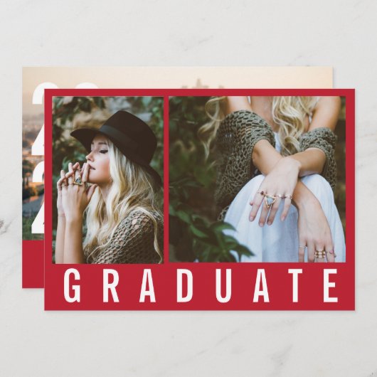 Faire-part Moderne minimum 3 graduation photo simple gras rou (Devant / Derrière)