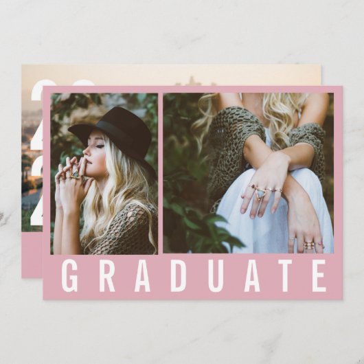 Faire-part Moderne minimum 3 graduation photo simple rose (Devant / Derrière)