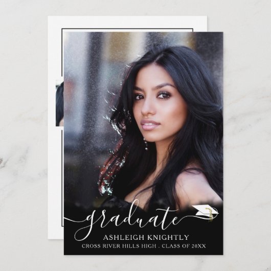 Faire-part Moderne noir blanc Script 4 Photo Graduation (Devant / Derrière)