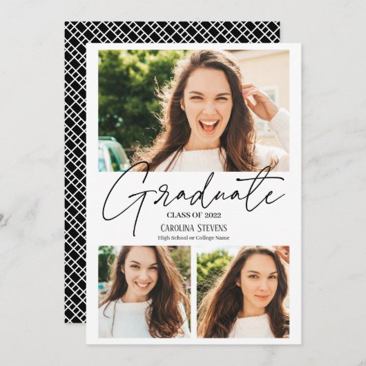 Faire-part Moderne noir et blanc 3 photos collage graduation (Devant / Derrière)
