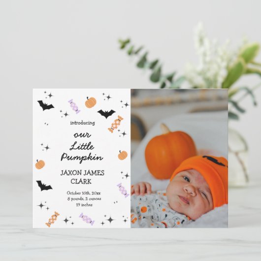 Faire-part Moderne Notre Petite Citrouille Naissance d'Hallow (Debout devant)