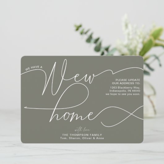 Faire-part Moderne Nouveau Accueil Calligraphie Olive Green M (Debout devant)