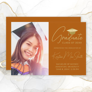Faire-part Moderne Orange Gold Script Photo College Graduatio