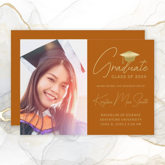 Faire-part Moderne Orange Gold Script Photo College Graduatio