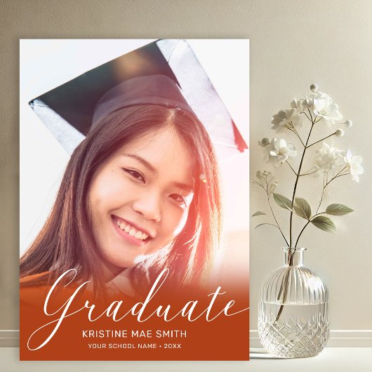 Faire-part Moderne Orange White Calligraphie Photo Graduation
