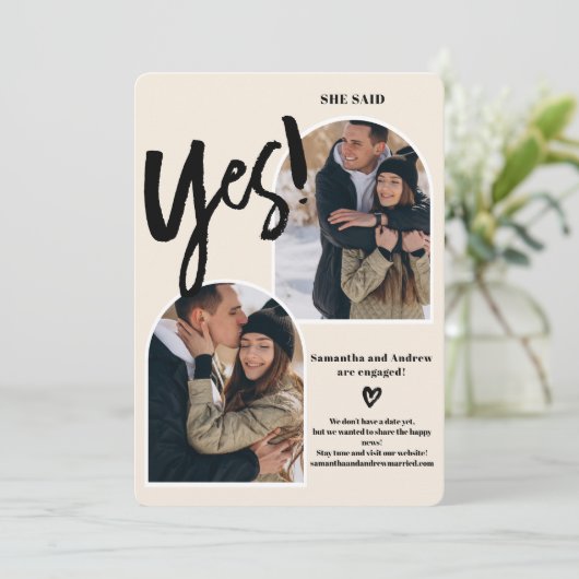 Faire-part Moderne oui script 2 photos arch ivoire fiançaille (Debout devant)