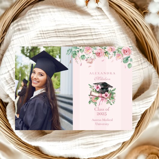 Faire-part Moderne Photo Rose Floral Graduation