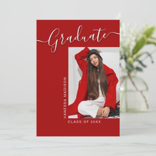 Faire-part Moderne | Red 1 Photo Elegant Script (Debout devant)