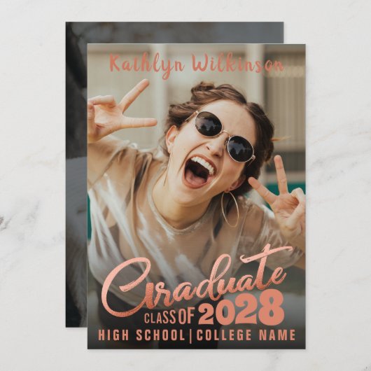 Faire-part Moderne Rose Gold Élégant Script 2 Photo Diplôme (Devant / Derrière)