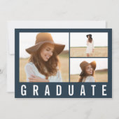 Faire-part Moderne simple 3 photo graduation simple bleu mari (Devant)