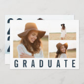 Faire-part Moderne simple 3 photo graduation simple bleu mari (Devant / Derrière)