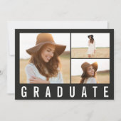 Faire-part Moderne simple 3 photo graduation simple noir chic (Devant)