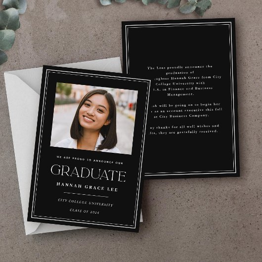 Faire-part Moderne Simple Black White Photo Graduation