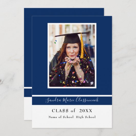 Faire-part Moderne Simple Minimal Bleu Blanc Graduation Annou (Devant / Derrière)