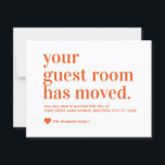 Faire-part Moderne simple Nous avons déplacé la chambre d'hôt<br><div class="desc">Your Guest Room Has Moved Moving Faire-part avec un script moderne et une typographie de police et un coeur. Les couleurs peuvent être changées facilement en cliquant sur personnaliser,  puis cliquez pour customiser plus loin pour voir notre sélecteur de couleurs. Contactez notre magasin si vous avez besoin d'aide.</div>