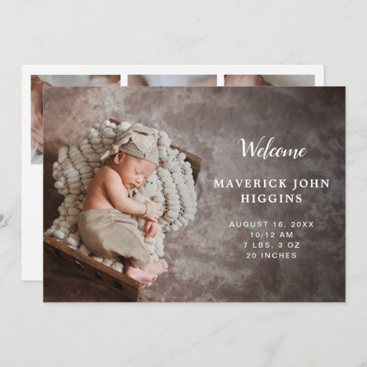 Faire-part Moderne Simple Photo Collage Bébé Garçon Naissance (Devant / Derrière)