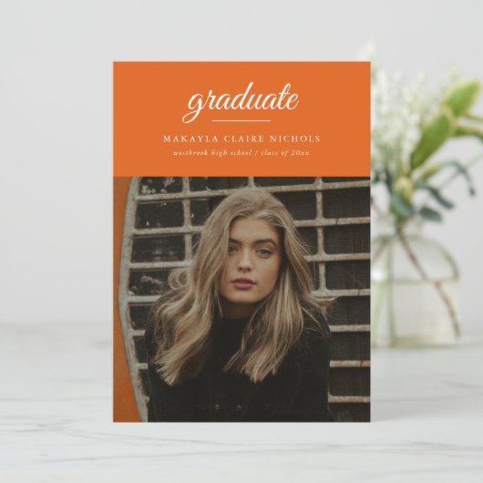 Faire-part Moderne Simple Script Deux Photo Orange Graduation (Debout devant)