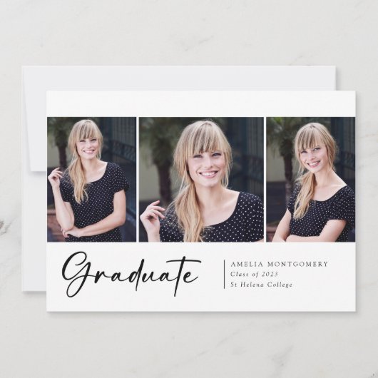 Faire-part Moderne trois script photo de police diplômés (Devant)