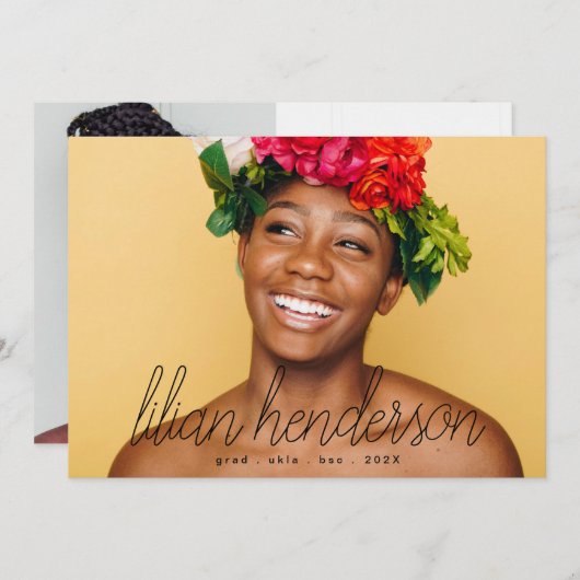 Faire-part Mon nom Black Script Graduate Deux photos (Devant / Derrière)