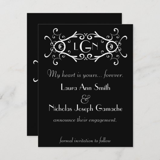 Faire-part monochrome à monogramme et motif de par (Devant / Derrière)