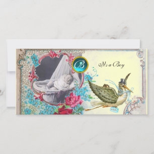 Faire-part MONOGRAM BABY SHOWER, aquamarine, crème