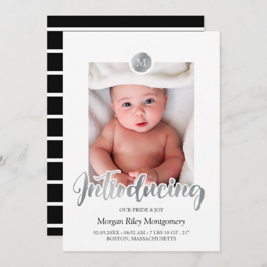 Faire-part Monogramme argenté et noir Présentation du bébé (Devant / Derrière)
