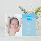 Faire-part Monogramme Bébé Garçon Photos Bleu Élégant Chic Na (Debout devant)