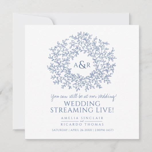Faire-part Monogramme blanc bleu feuille mariage live stream (Devant)
