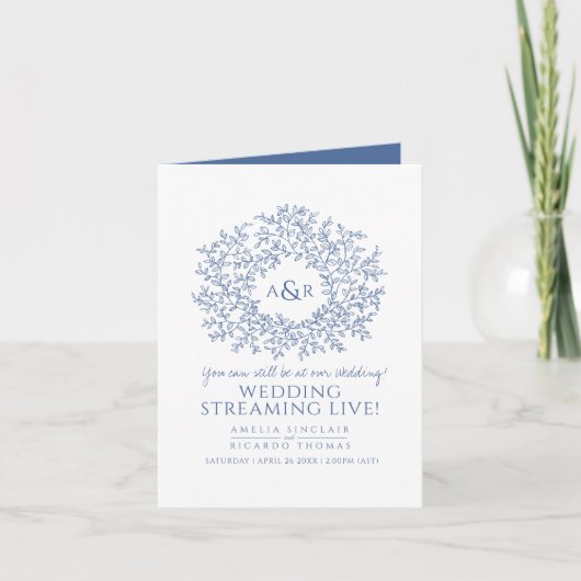 Faire-part Monogramme blanc bleu feuille mariage live stream (Devant)