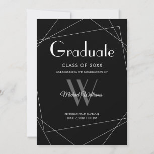 Faire-part Monogramme blanc noir moderne Graduation géométriq