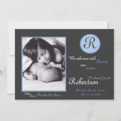 Faire-part Monogramme bleu 5x7 photo initiale (Devant)