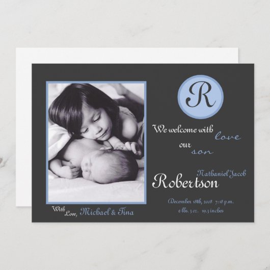 Faire-part Monogramme bleu 5x7 photo initiale (Devant / Derrière)